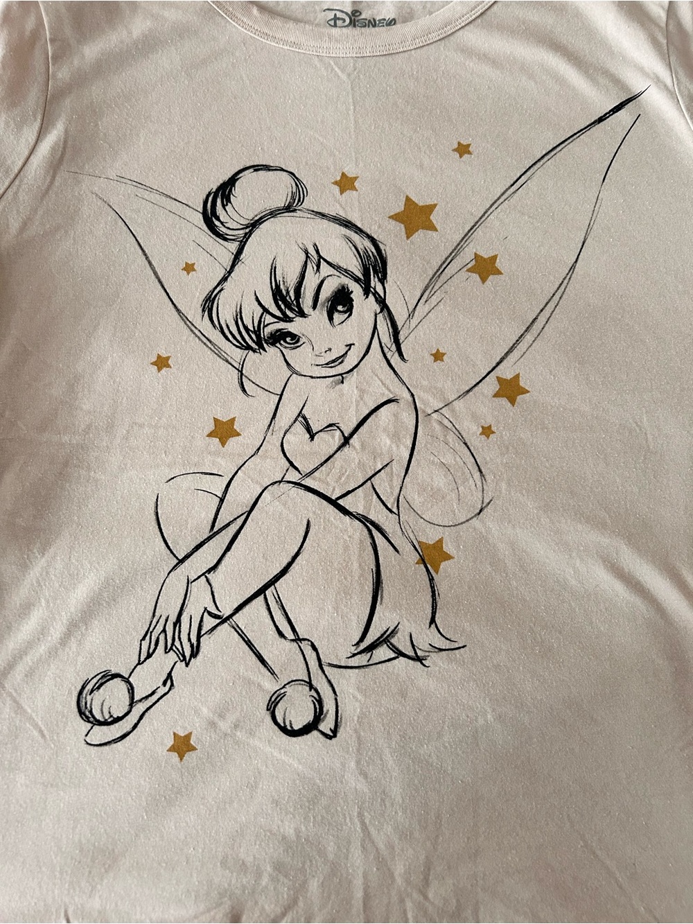 Disney Tinker Bell Graphic T Shirt Womens XL Ivory Gold Stars Fairy Short Sleeve